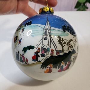 Beautiful Inside Painted Snowy Church Glass Ball Ornament Christmas Tree